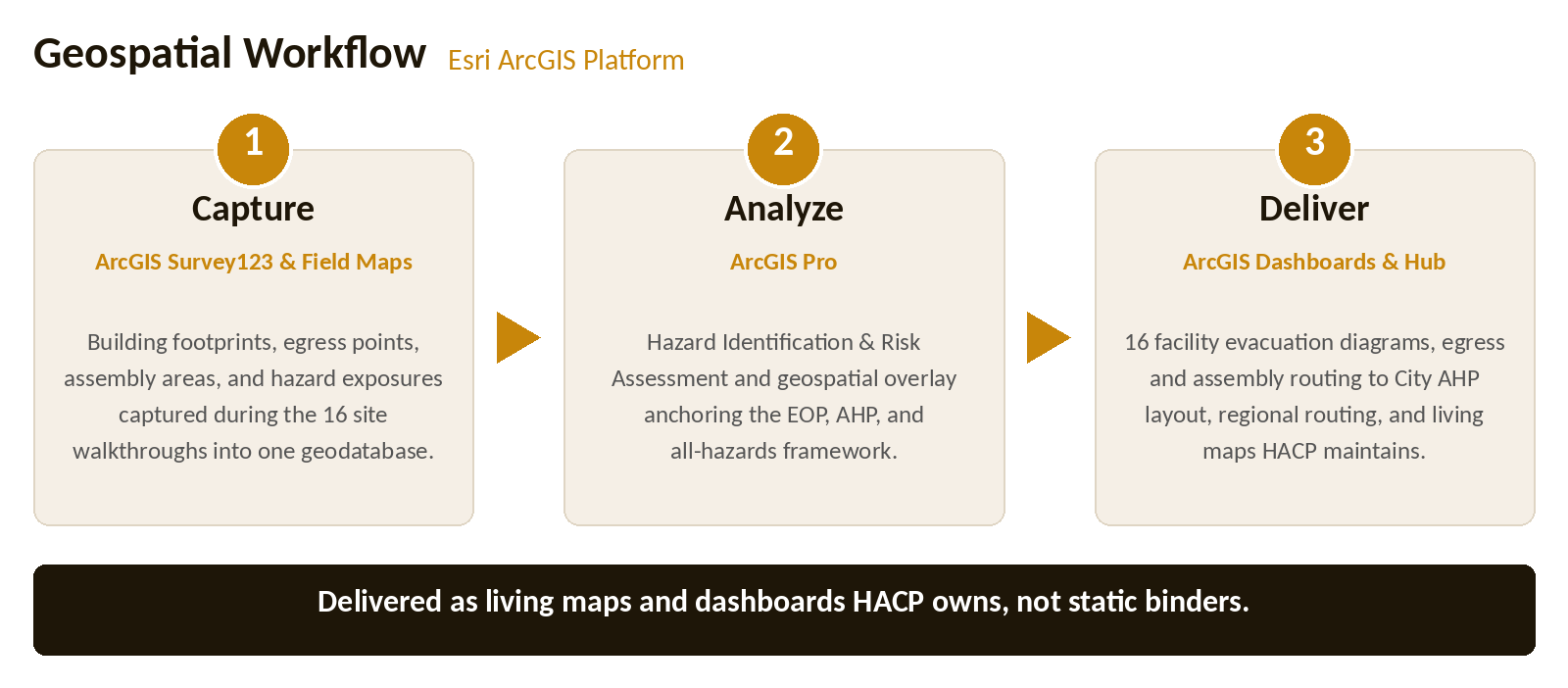 Geospatial workflow: capture, analyze, deliver